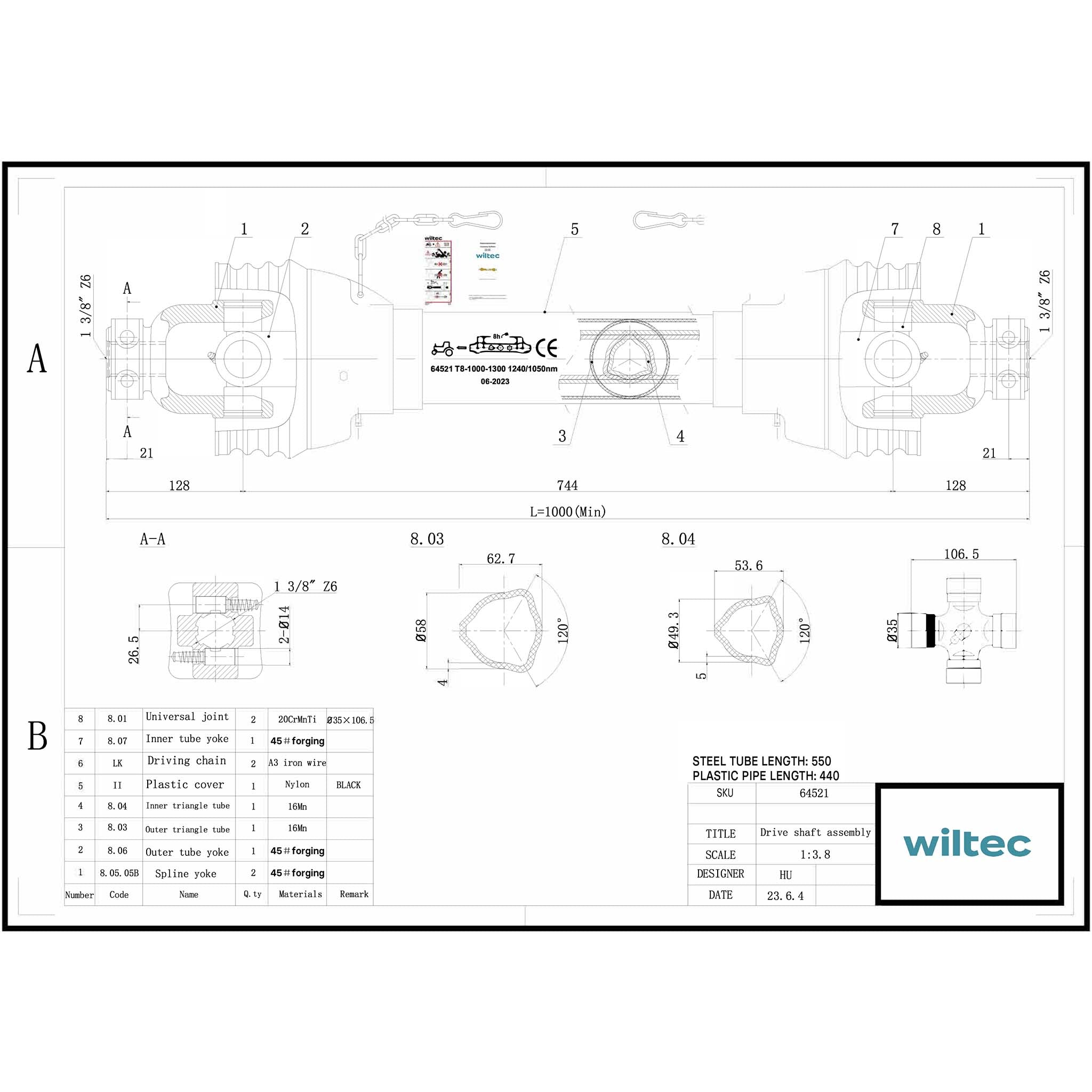 Albero cardanico T8 Giunto cardanico 1000-1100mm 1240Nm 540rpm Cardano 110kW 150CV 2x 1 3/8" 6 denti