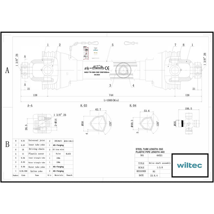 Albero cardanico T8 Giunto cardanico 1000-1100mm 1240Nm 540rpm Cardano 110kW 150CV 2x 1 3/8" 6 denti