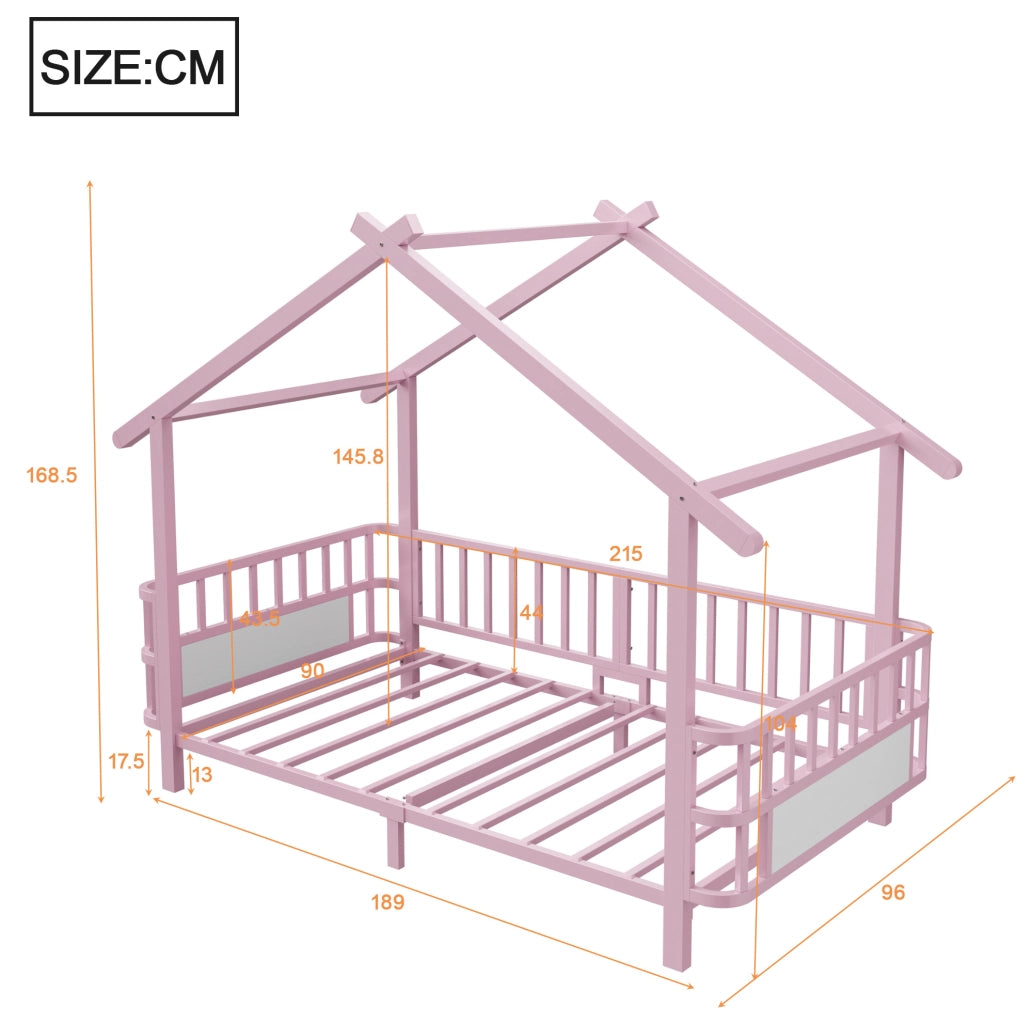 Letto per bambini in metallo a forma di casa 90 x 200 cm con sponde di sicurezza; rosa