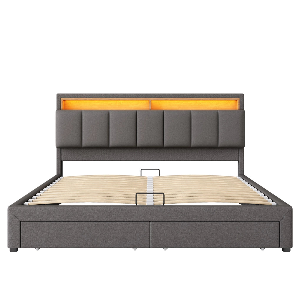 Letto imbottito 180x200 cm con illuminazione LED; rete a doghe; lino; grigio scuro