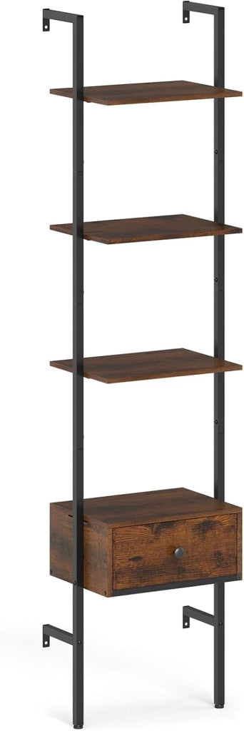 Scaffalatura Rustica a 4 Ripiani, 43 x 29,5 x 177,5 cm, con Telaio in Metallo, Sistema Anti-Ribaltamento e Cassetti, per Soggiorno e Ufficio, Marrone