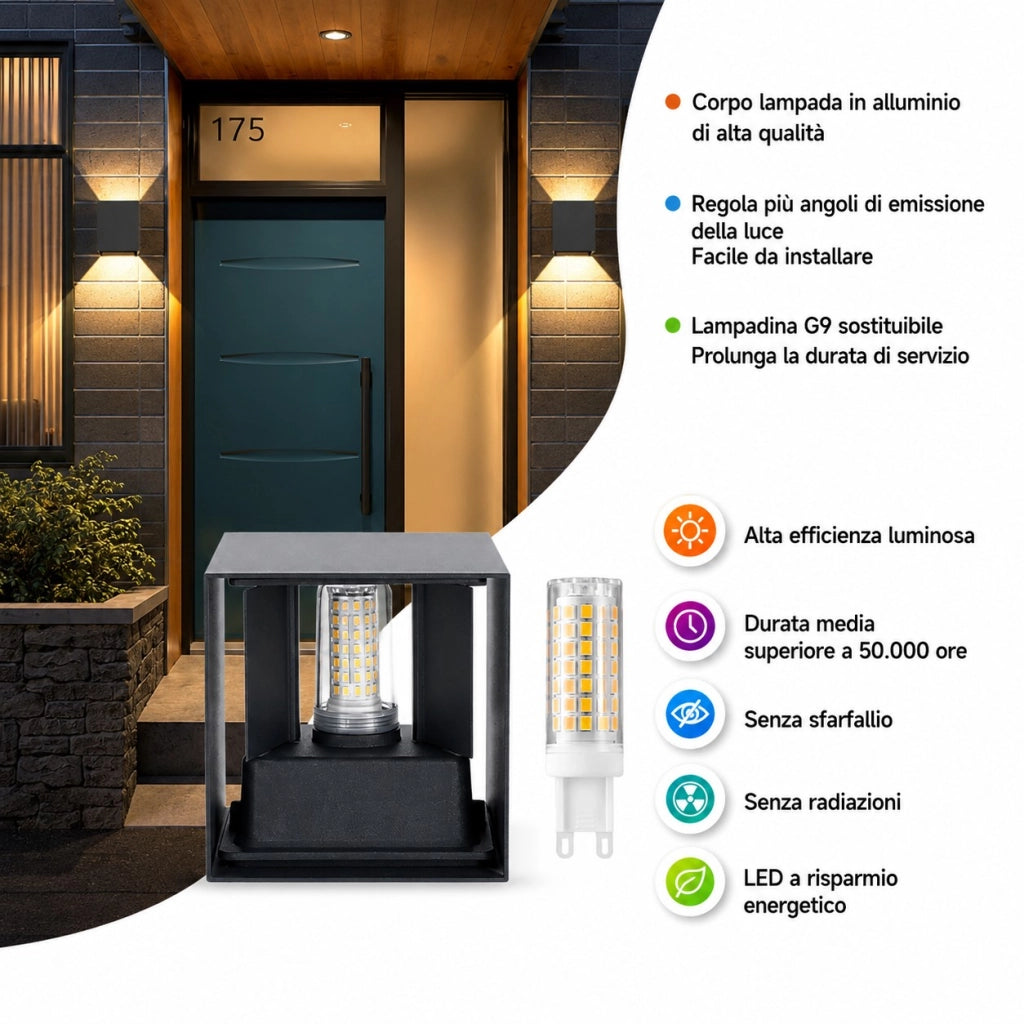 Applique Cubo Nera da Esterno IP65 G9 Sostituibile Lampada Parete Moderna LED Interno Esterno Fascio Regolabile