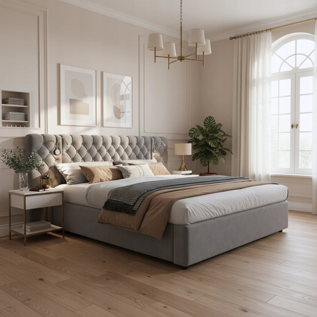 Letto imbottito 160x200 grigio velluto - Xylo - Con struttura sollevabile