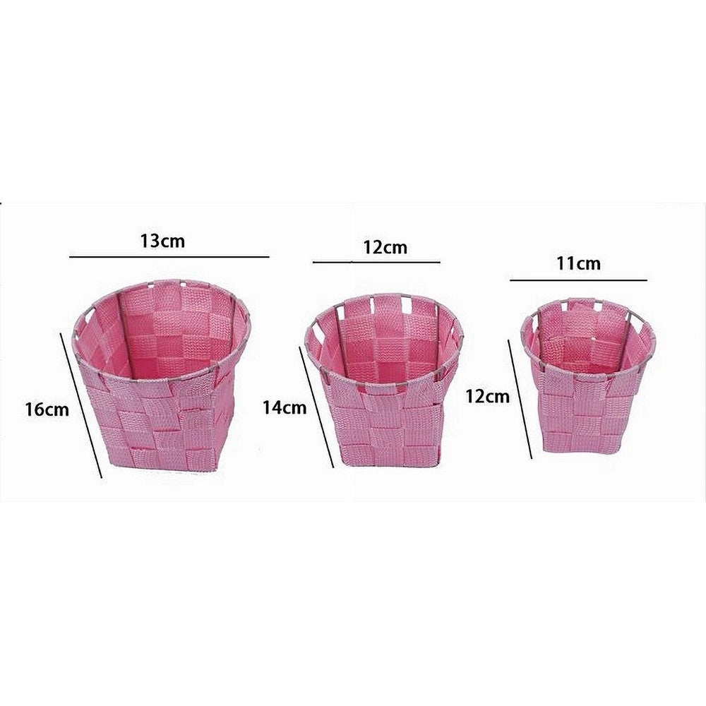Trade Shop - Set 3pz Cestini Rotondi Portaoggetti In Tessuto Rosa Per Bagno Casa Cucina 79047 -