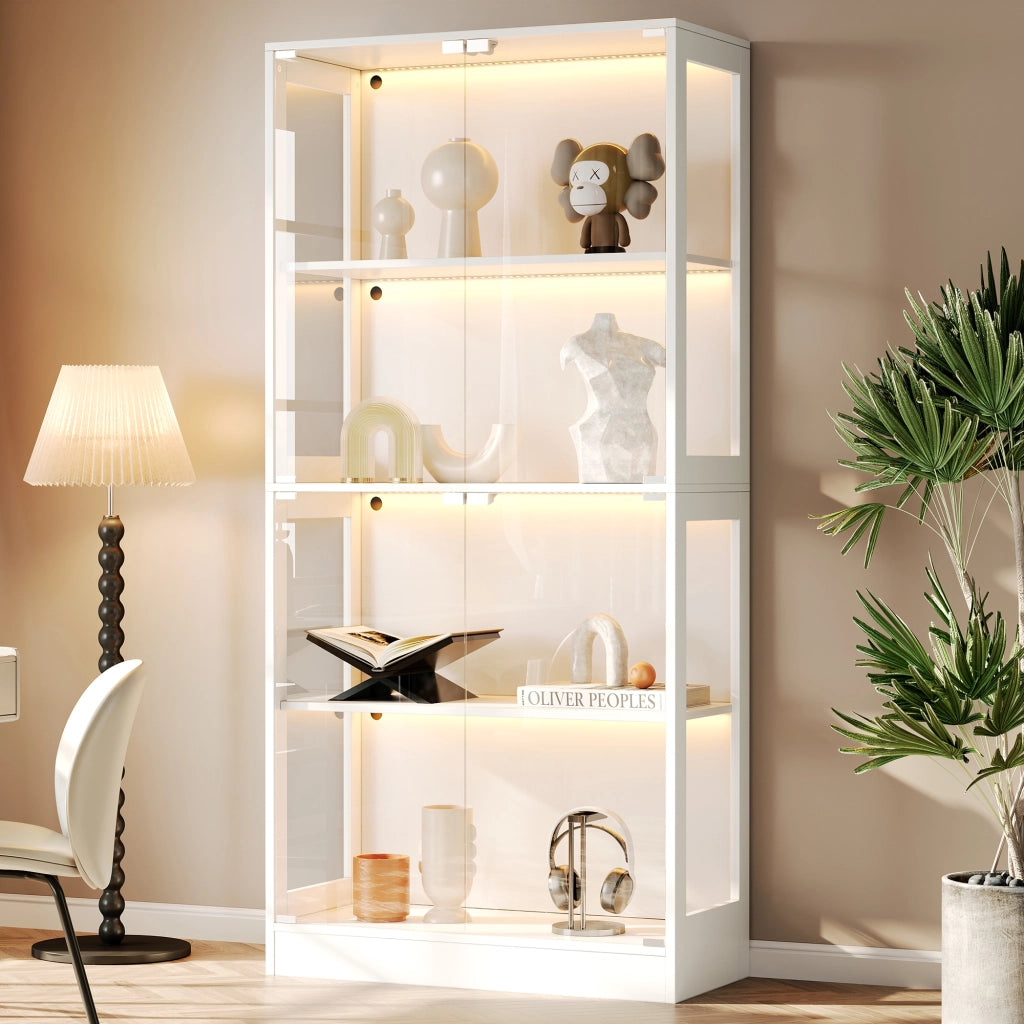 Vetrina con LED da app, 4 ripiani e porte push-to-open, per soggiorno, in MDF e vetro, bianca 80 × 35 × 170 cm