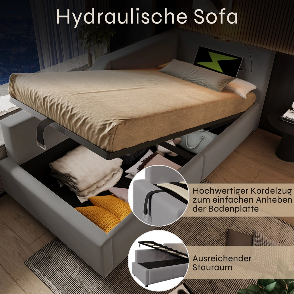 LETTO Tagesbett 90x190 cm in velluto grigio con lampada da lettura e USB-C