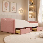 Letto imbottito 90x190 cm con sponde e cassetti in velluto rosa e bianco