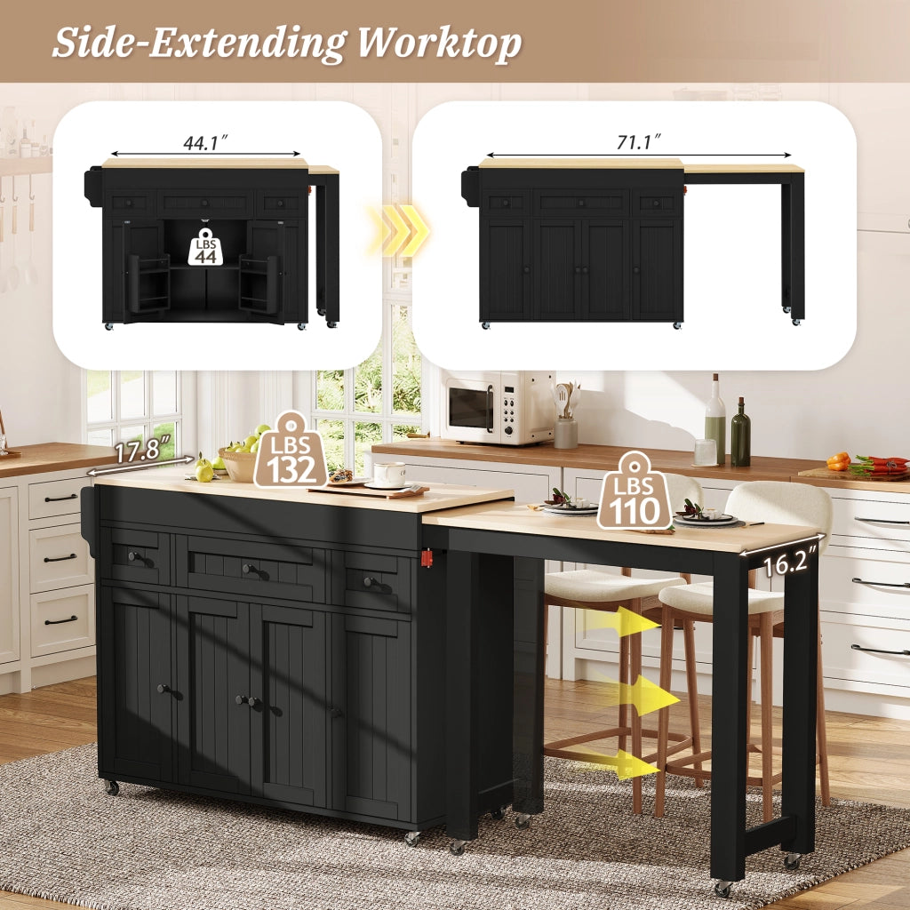 Mobile cucina con 3 cassetti; piano estraibile e ripiani regolabili per cucina in MDF nero naturale 137-190.6 × 45.2 × 92 cm