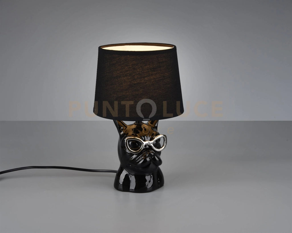 DOSY LAMPADA TAVOLO CERAMICA NERA BULLDOG CON OCCHIALI H. 29CM 1 LUCE ATTACCO E14