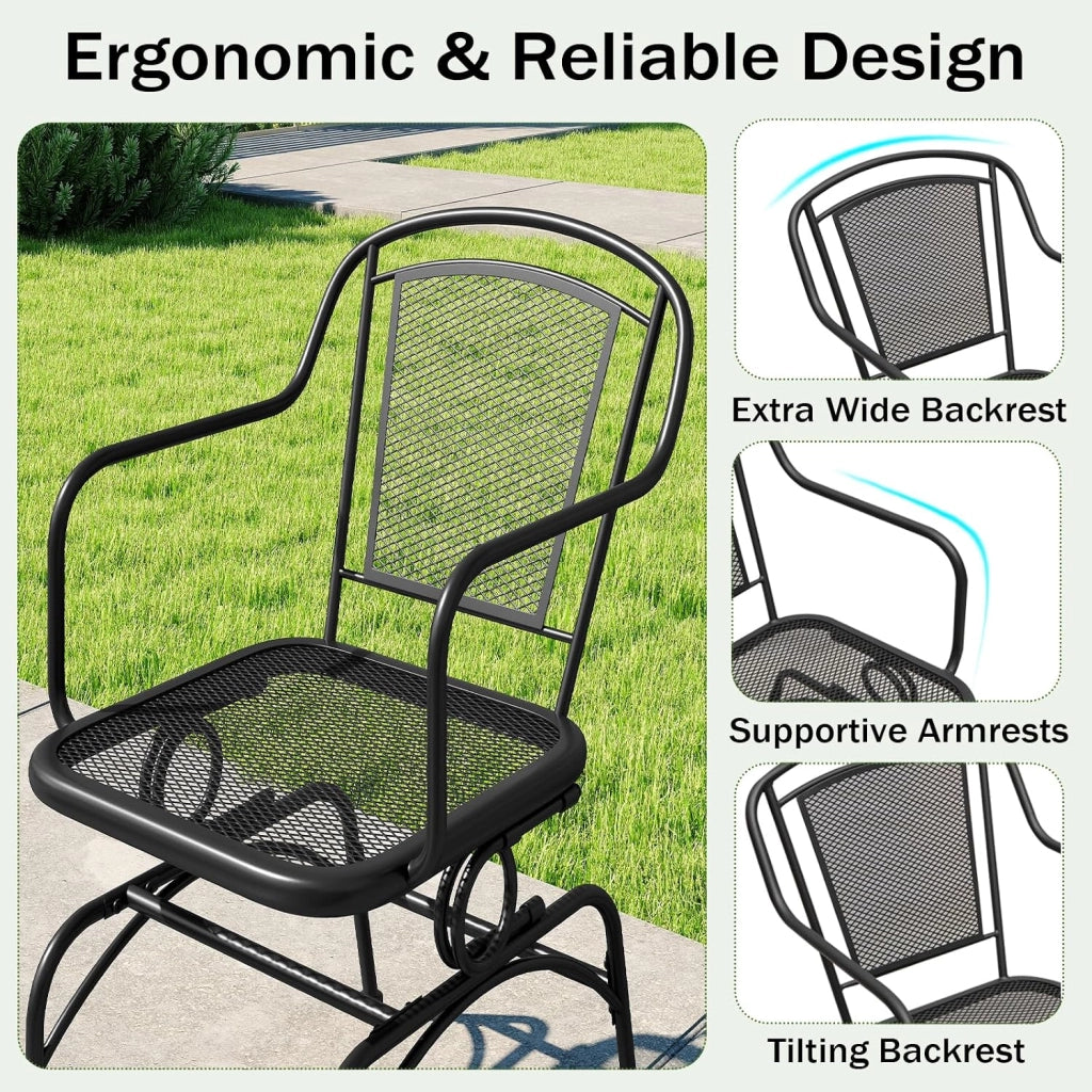 Set di 2 sedie da giardino, sedia da esterno, angolo di inclinazione di 15°, sedie a dondolo con gambe regolabili, carico di 102 kg, per terrazza, balcone, cortile, feste, nero