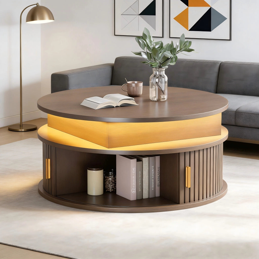 Tavolino basso sollevabile rotondo con LED e vano contenitore in MDF color noce per soggiorno 75 × 75 × 52 cm