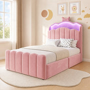 Letto contenitore 90 × 200 cm imbottito in velluto con LED USB e USB-C testiera apribile rosa