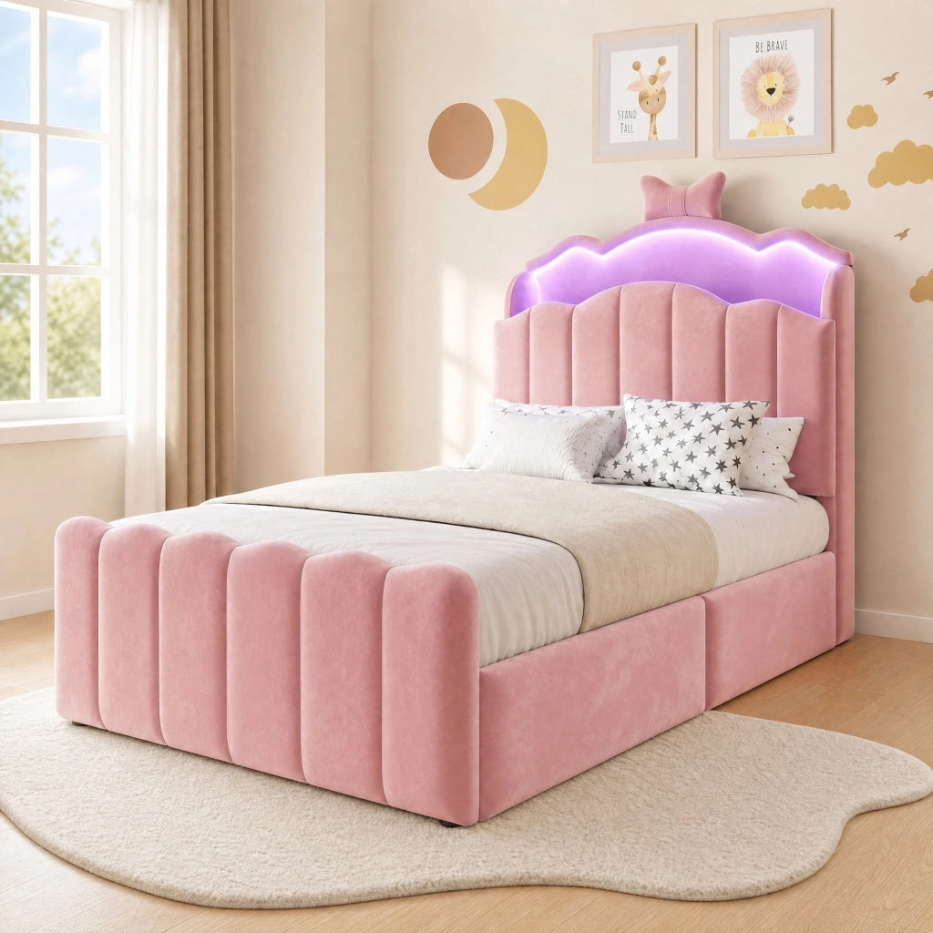 Letto contenitore 90 × 200 cm imbottito in velluto con LED USB e USB-C testiera apribile rosa