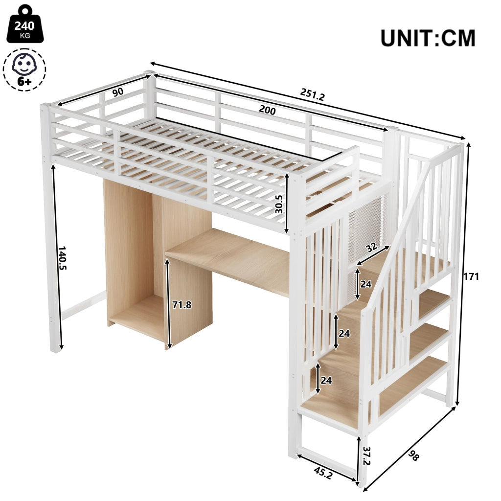 Letto a Soppalco con Scrivania, Armadio e Contenitore ¨C MINIMAL ¨C Bianco 90x200