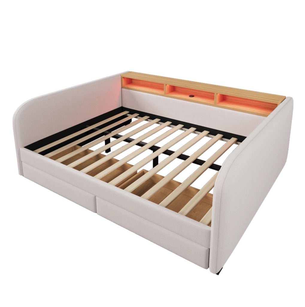 Letto imbottito 140x190 cm con LED; USB C e 2 cassetti; lino beige