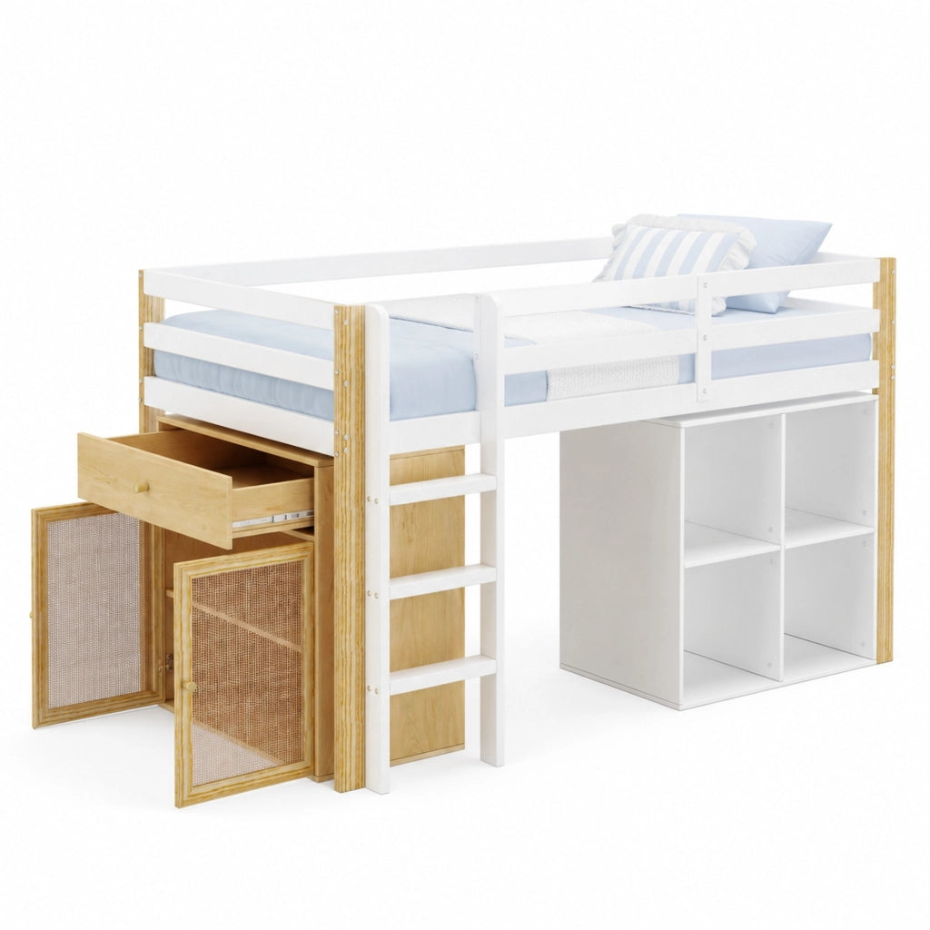 Letto a soppalco per bambini 90x200 cm in legno massello e MDF; naturale e bianco; con 2 contenitori e scala