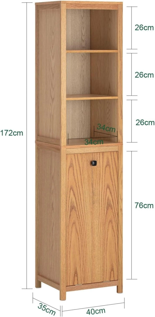 Mobile Bagno Armadio da Bagno con Sacco per Biancheria, Mobiletto Salvaspazio Mobile Lavanderia 40x172x35 cm, MDF Naturale, Grande Capacità, Facile da Montare BZR95-N