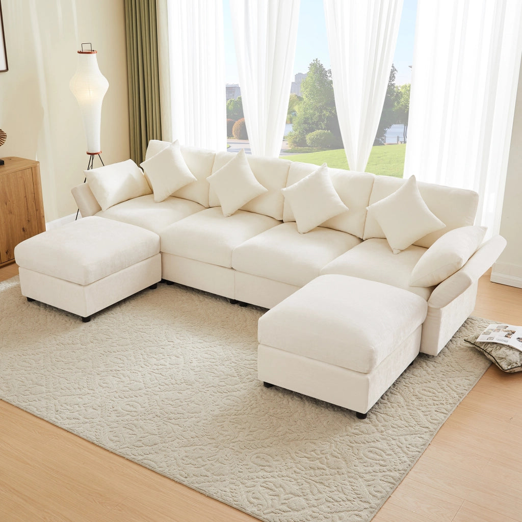 Divano modulare a L - Zephmum- Chenille beige con 4 cuscini decorativi e 2 poggiatesta