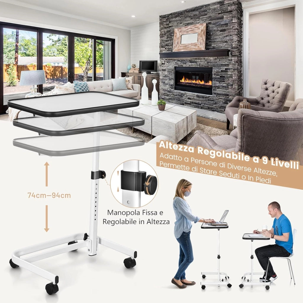 Tavolino da Letto e Divano con Ruote Bloccabili, Tavolino Porta PC con Altezza Regolabile in 9 Posizioni e Piano Inclinabile, Tavolino Servitore Letto per Mangiare e Lavorare (Bianco)