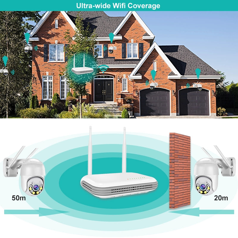 Kit Videosorveglianza Wireless Nvr 4 Canali Wifi Ip 4 Telecamere Motorizzate 3 mpx Audio Bidirezionale Riconoscimento Umano e Volto P2P Coud W208G4