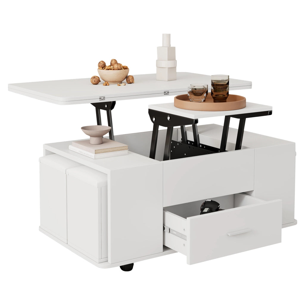Tavolino da Caffè Sollevabile con 1 Cassetto e 4 Sgabelli Contenitore; Doppio Piano Idraulico; Stile Moderno; in Pannelli Truciolari; Bianco