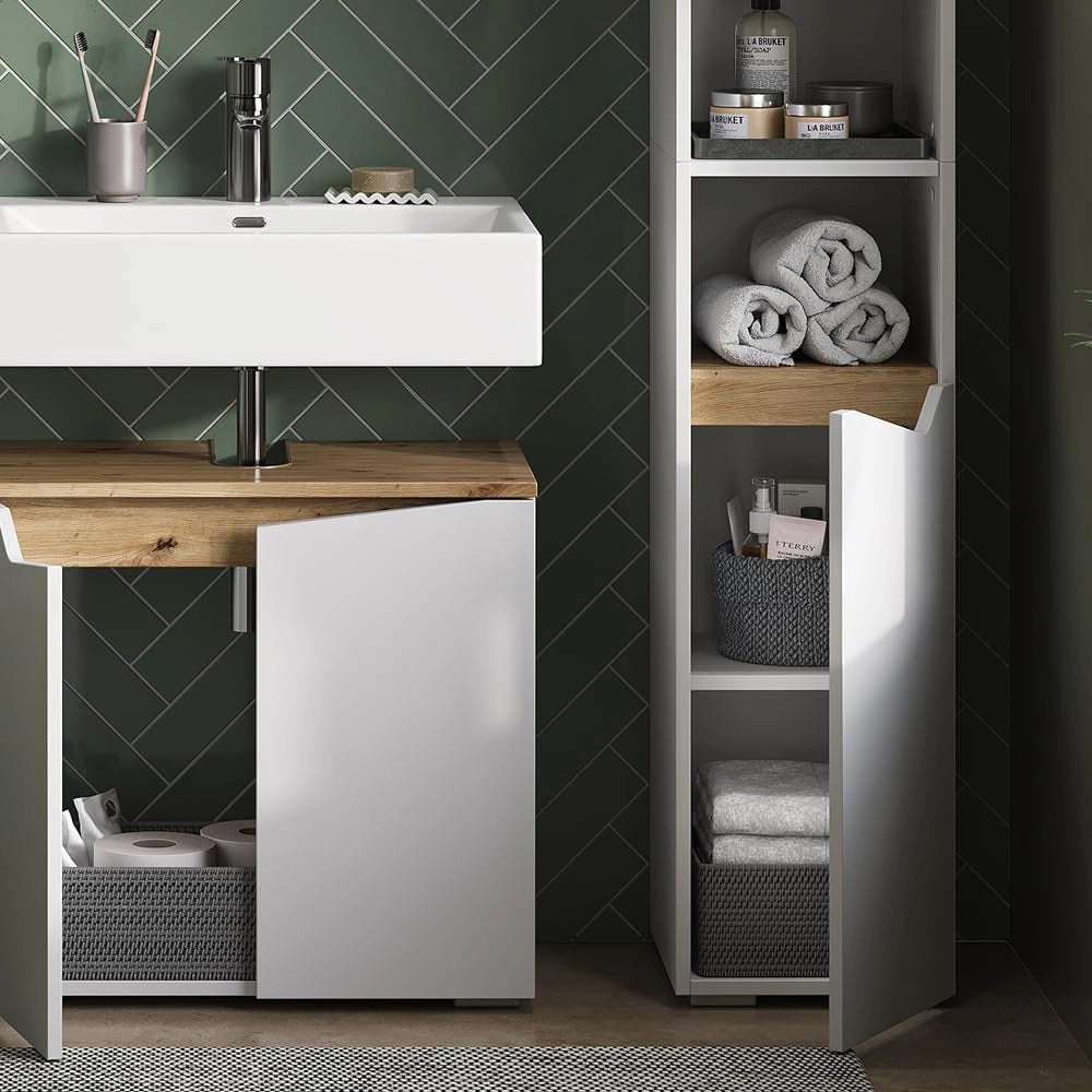 Armadio per il bagno Marelle, Bianco/Artisan, 30 x 180 cm con ante e vani a giorno, per la conservazione di articoli da bagno e asciugamani