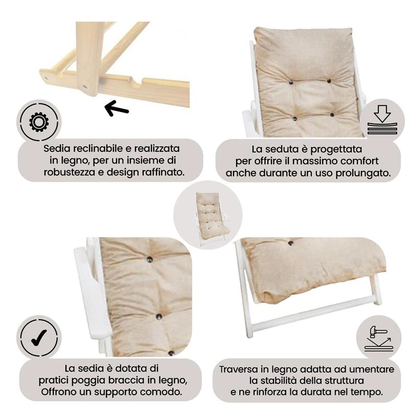 POLTRONA RELAX COMODONA TELAIO BIANCO TINTA UNITA ECRÙ IN LEGNO 3 POSIZIONI