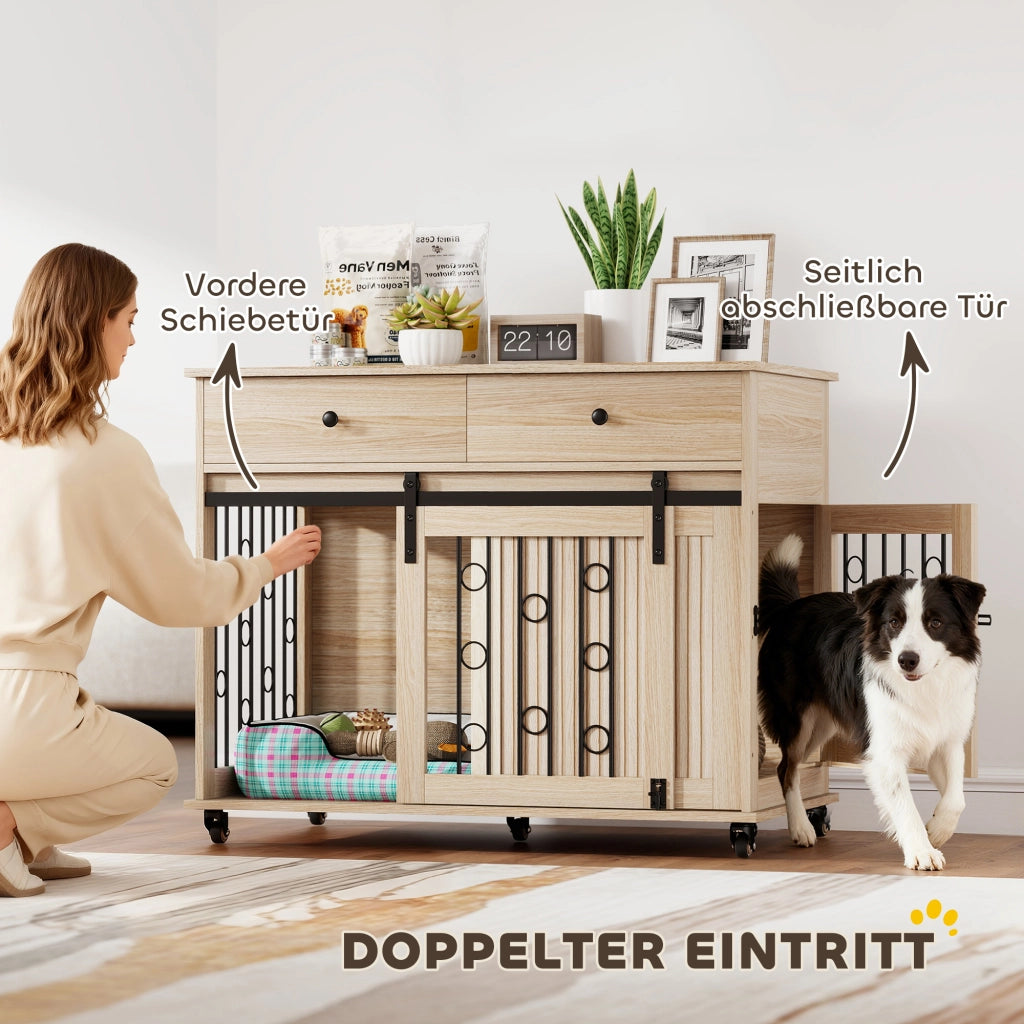 Cuccia per cani su ruote con 2 ante e 2 cassetti ¨C zephmum ¨C legno e acciaio