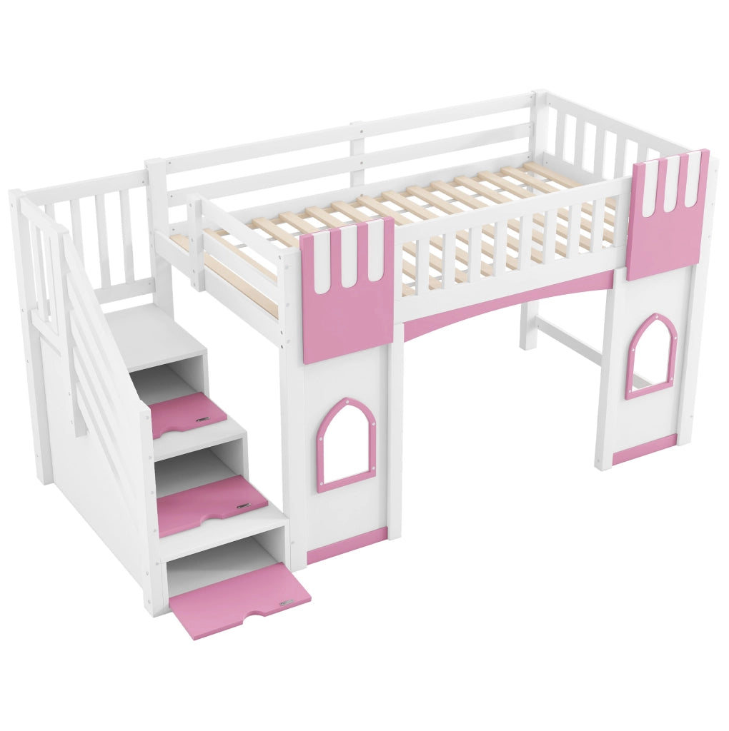 Letto a soppalco ULEVR 90x200 cm con scala contenitore a 3 vani e 2 finestre, bianco e rosa