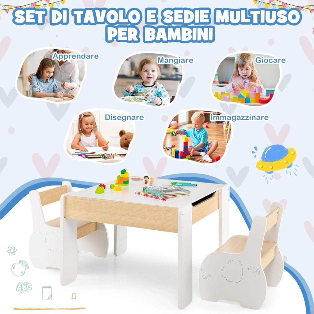 3 in 1 Set Tavolo e Sedie per Bambini, Tavolo da Attività per Bambini con 2 Sedie, Lavagna Rimovibile e Deposito, per Giocare, Disegnare e Leggere, in Legno (bianco)