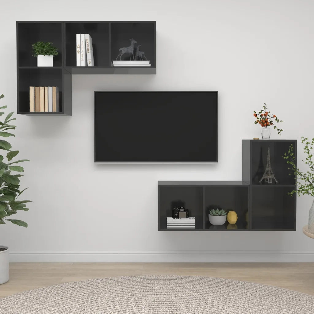 Mobile TV a Parete 4 pz Grigio Lucido in Truciolato 3079843