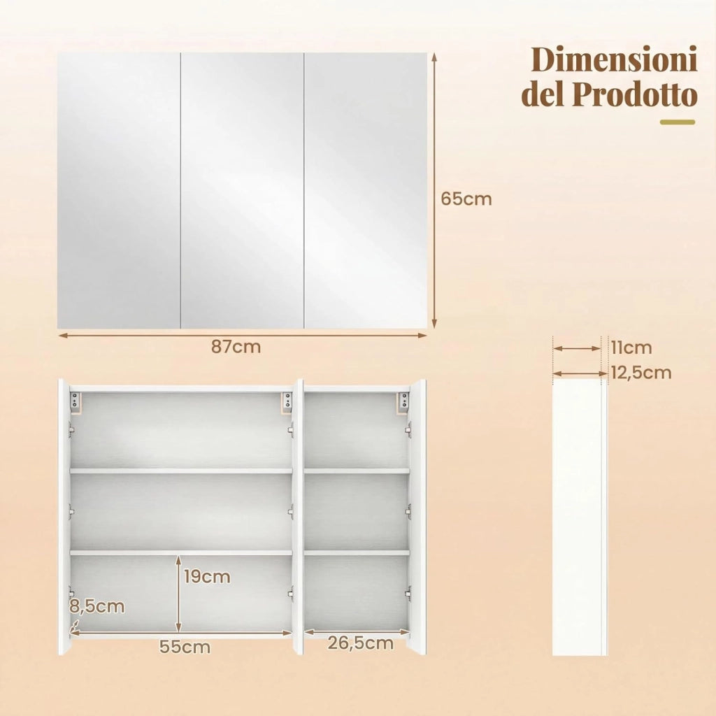 Specchio Bagno Contenitore, Mobiletto Salvaspazio da Parete con 3 Ante e 6 Scomparti, Superficie Effetto Legno e Struttura in Legno Robusta per Bagno e Soggiorno, 87 x 65 x 12,5 cm