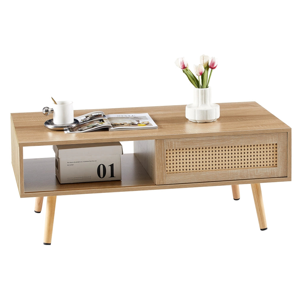 TAVOLINO DA SALOTTO 105x55x40 cm MDF Legno Naturale effetto rattan con anta scorrevole