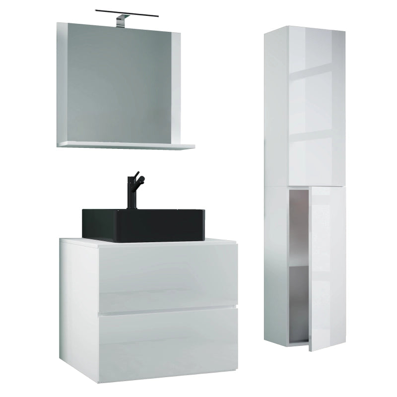Luce Set Bagno 4 Pezzi Mobile sospeso 2 casetti con lavabo nero large in ceramica include 1 Colonna e specchio, Bianco