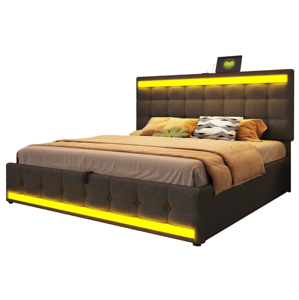 Letto imbottito 180x200 cm grigio con LED RGB, USB e testiera regolabile