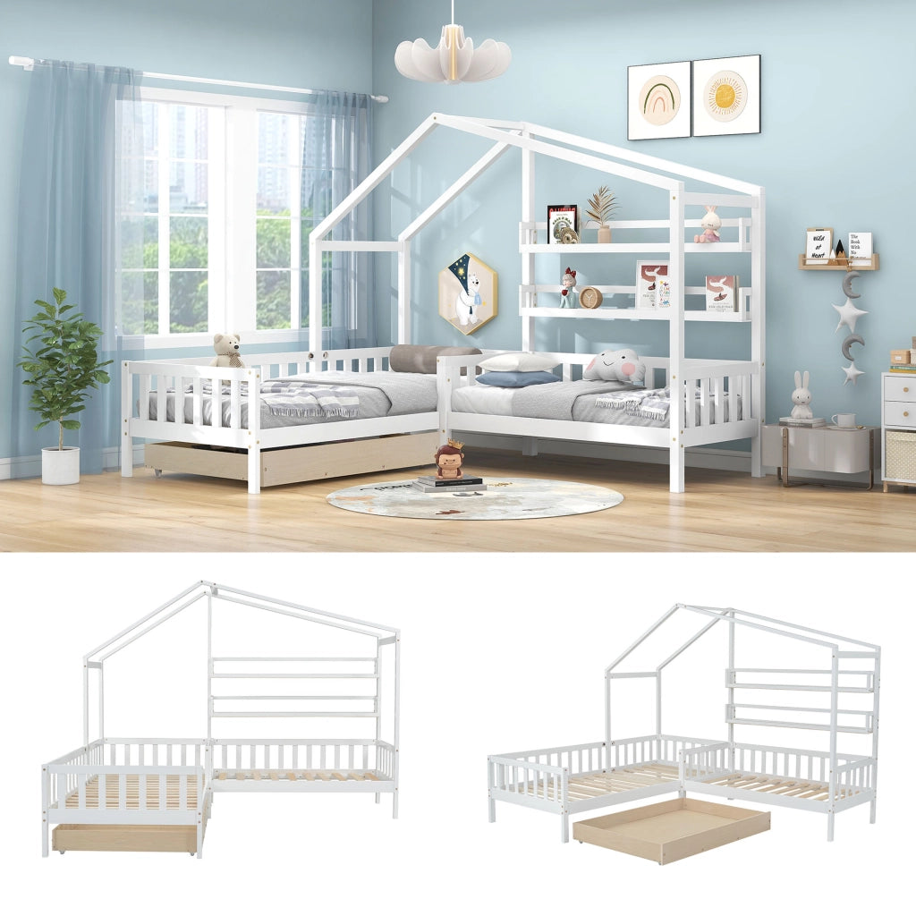 Letto a casa per bambini bianco con cassetti e mensole in legno massello e mdf struttura l 90x200 cm
