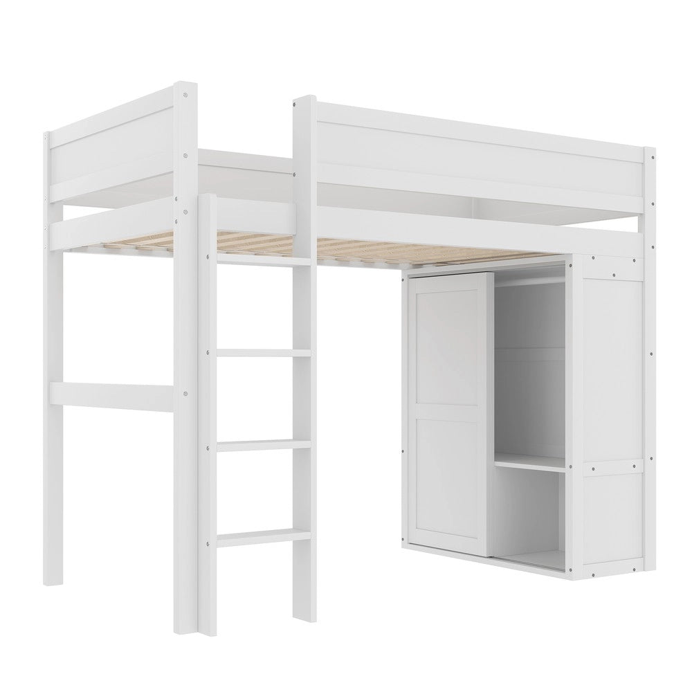 Letto a Soppalco con Armadio e Vano Contenitore ¨C MINIMAL ¨C Pino Bianco 90x200