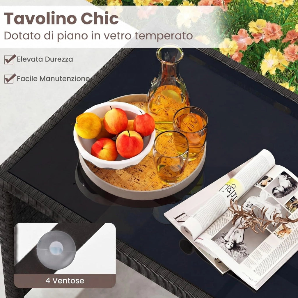 Set Salotto da Giardino 4 Pezzi, Divanetto e Poltrone in Rattan con Tavolino da Caffè in Vetro Temperato, Set di Mobili da Esterno Imbottiti per Cortile, Veranda e Bordo Piscina (Grigio)