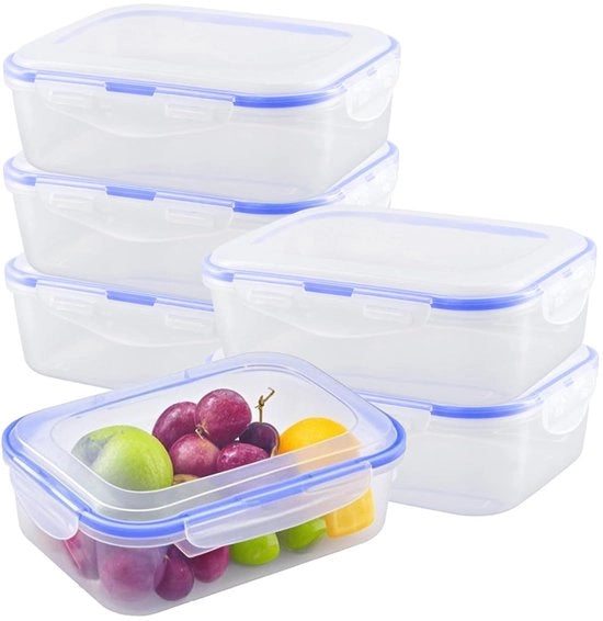 Contenitori alimentari in plastica da 6, rettangolari, 1100 ml, contenitori alimentari a chiusura ermetica, contenitori alimentari trasparenti per frigorifero, contenitori per preparazione pasti, resistenti al lavastoviglie