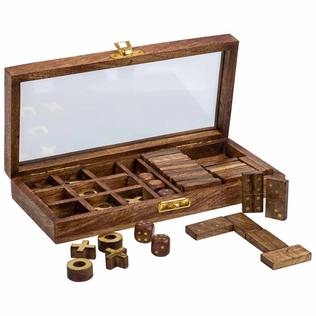 Gioco 3/1 (Domino+dadi+3 di fila) in scatola, legno marrone 28x13x5