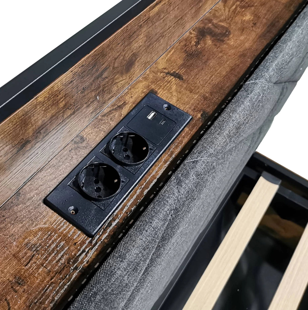 Letto matrimoniale multifunzione 140x190 cm in metallo nero con baldacchino removibile; USB e LED