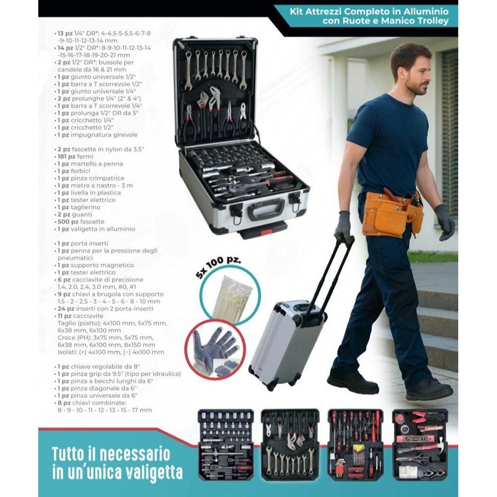 Trade Shop - Kit Attrezzi Valigetta Professionale 799pz Trolley Alluminio Con Ruote Completo Fai Da Te -