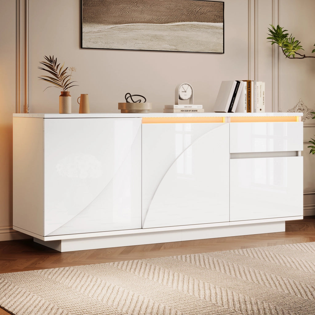 Credenza con 3 ante; 1 cassetto e LED - per soggiorno - in MDF - 140×40×60 cm - bianco