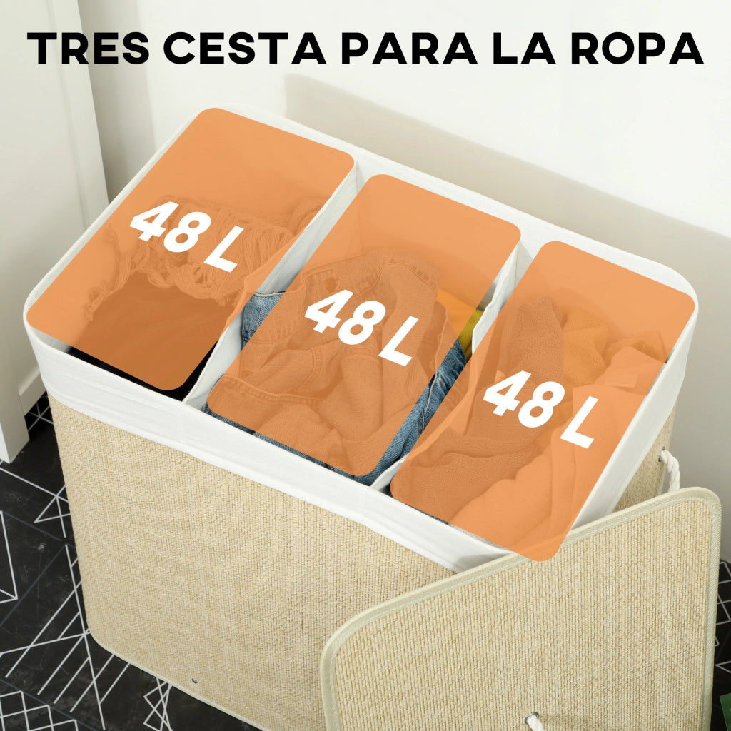 Cestino per Biancheria in Bamb¨´ con 3 Scomparti ¨C Zephmum ¨C 60x40x60 cm Crema