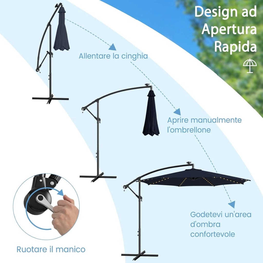 Ombrellone da Giardino ∅303 cm Decentrato, con 112 Luci LED ad Energia Solare, con Manovella, Inclinazione Regolabile, 8 Stecche, Ombrellone da Esterno per Giardino Piscina Cortile (Marino)