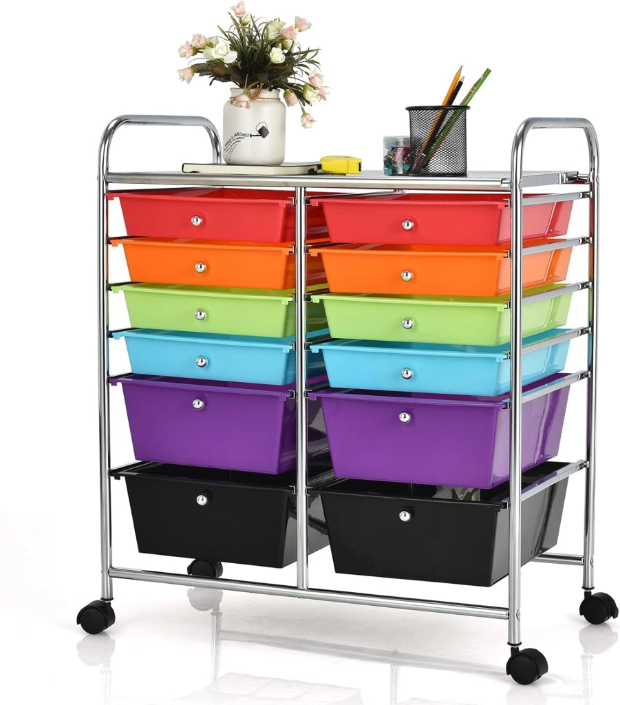 Carrello con 12 Cassetti con Ruote, Ideale per Ufficio e Domestico, 73,5 x 37 x 63 cm (Colorato)