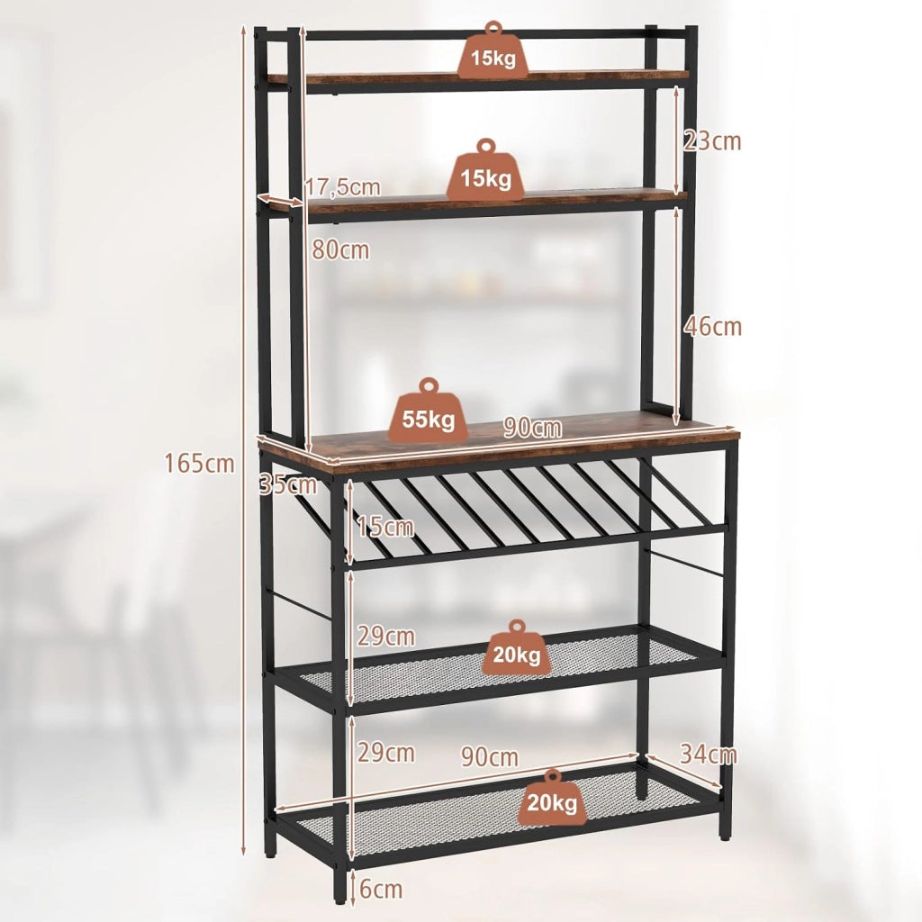 Scaffale da Cucina a 6 Ripiani con Portabottiglie, Scaffale Porta Microonde con Portabottiglie Inclinato e 2 Ripiani in Rete, per Cucina Sala da Pranzo, 90x35x165 cm,Carico 125 kg