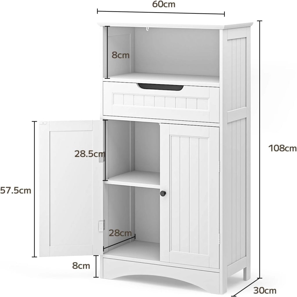 Mobiletto da bagno, mobiletto portaoggetti da bagno con 1 ripiano aperto, 1 cassetto e 1 ripiano da pavimento regolabile, per bagno, soggiorno, sala da pranzo, 60x30x108CM,Bianco