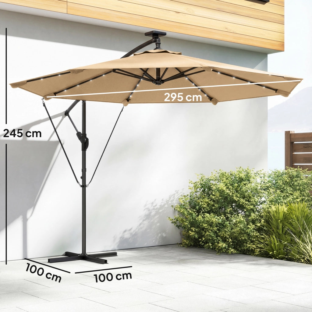 Ombrellone da Giardino Decentrato 330x295x245 cm con LED Solari in Metallo e Poliestere Cachi