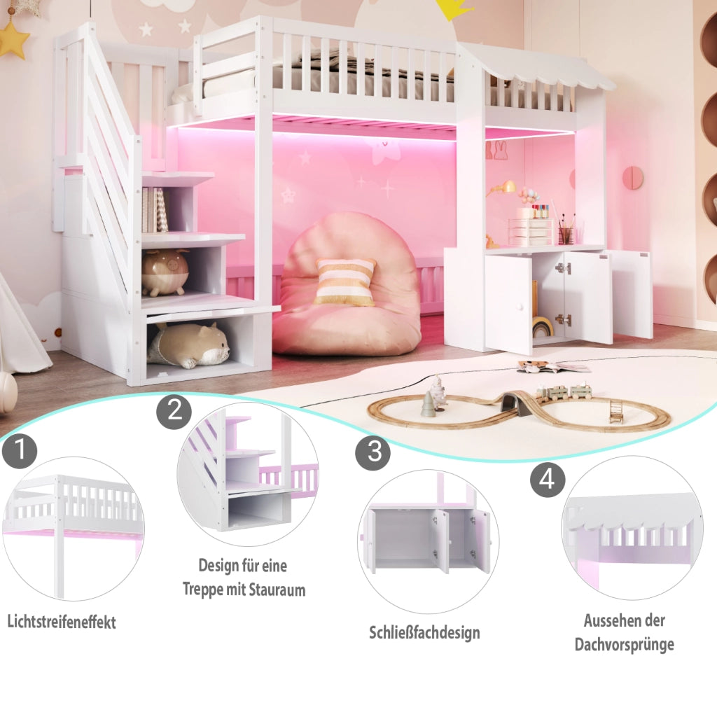 DESMIU Letto a soppalco singolo con scala contenitore, vano portaoggetti e luce LED 90 × 200 cm, senza materasso